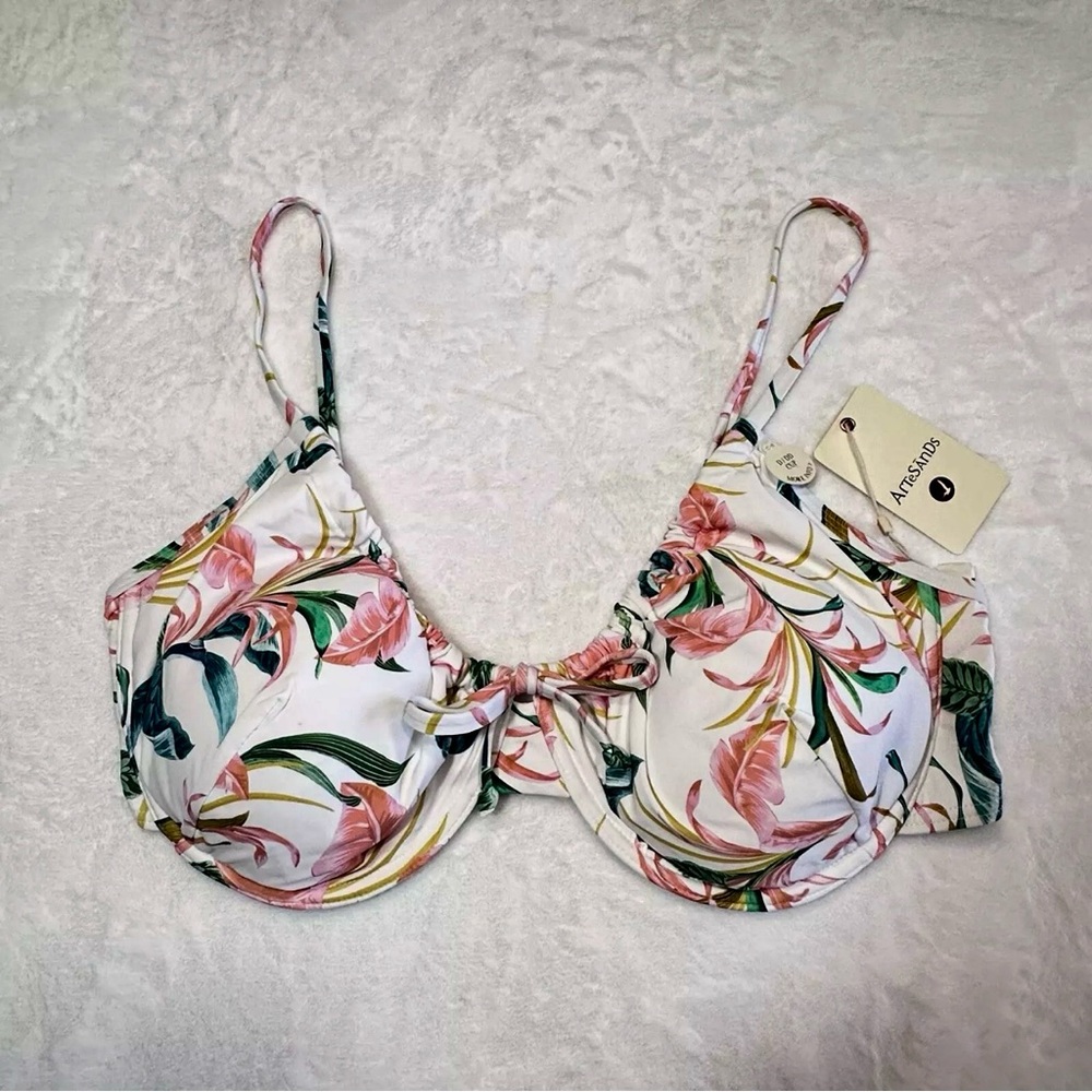 Artesands Bikini Top Sz 18 D/DD White Floral Underwire Tie Front Swim New